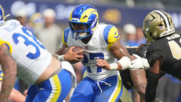 Aug 22, 2026; Inglewood, California, USA; Los Angeles Rams running back Jarquez Hunter (27) scores on a 12-yard touchdown run against the New Orleans Saints in the second half at SoFi Stadium. Mandatory Credit: Kirby Lee-Imagn Images Aug 22, 2026; Inglewood, California, USA; Los Angeles Rams running back Jarquez Hunter (27) scores on a 12-yard touchdown run against the New Orleans Saints in the second half at SoFi Stadium. Mandatory Credit: Kirby Lee-Imagn Images