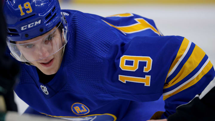 Jan 9, 2024; Buffalo, New York, USA;  Buffalo Sabres center Peyton Krebs (19) waits for the face-off