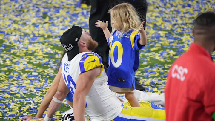 Los Angeles Rams wide receiver Cooper Kupp celebrates their win over the Cincinnati Bengals, along with his Super Bowl MVP honors.