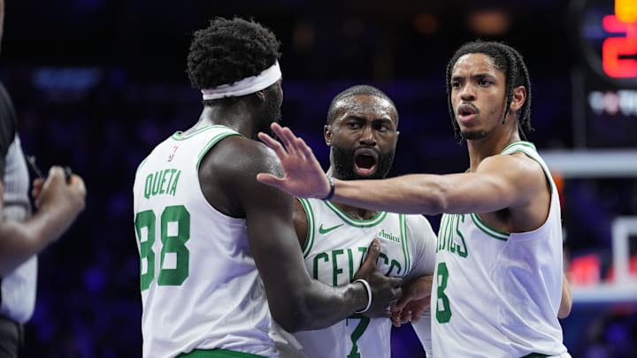 Oct 31, 2025; Philadelphia, Pennsylvania, USA; Boston Celtics forward Jaylen Brown (7) reacts with teammates after receiving a technical foul against the Philadelphia 76ers in the third quarter at Xfinity Mobile Arena. Mandatory Credit: Kyle Ross-Imagn Images