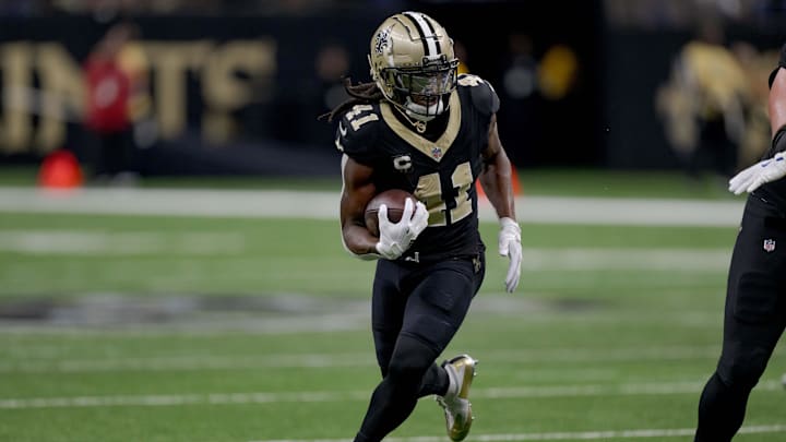 Dec 1, 2024; New Orleans, Louisiana, USA; New Orleans Saints running back Alvin Kamara (41) runs against the Los Angeles Rams during the first half at Caesars Superdome. Mandatory Credit: Matthew Hinton-Imagn Images