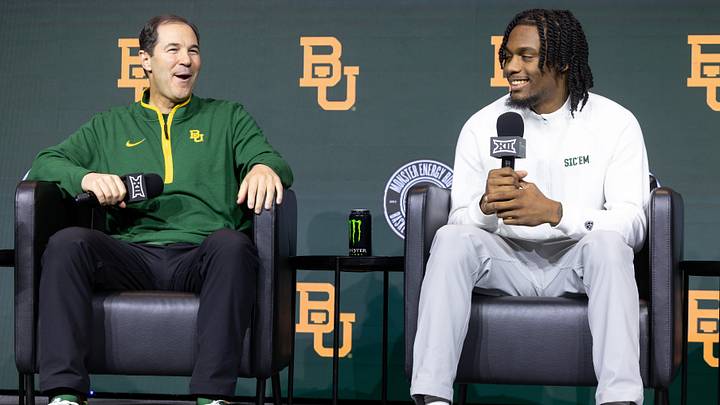 Oct 20, 2026; Kansas City, MO, USA; Baylor player Kayden Mingo and coach Scott Drew interview during the Big 12 Media Days Oct 20, 2026; Kansas City, MO, USA; Baylor player Kayden Mingo and coach Scott Drew interview during the Big 12 Media Days