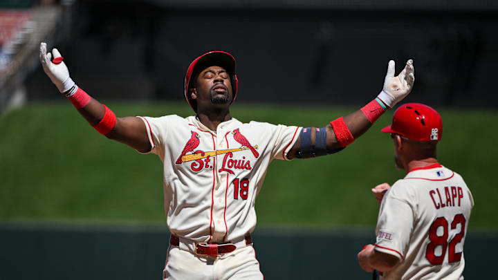 Apr 25, 2026; St. Louis, Missouri, USA; St. Louis Cardinals right fielder Jordan Walker (18) reacts after hitting a single against the Seattle Mariners during the third inning at Busch Stadium. Mandatory Credit: Jeff Curry-Imagn Images