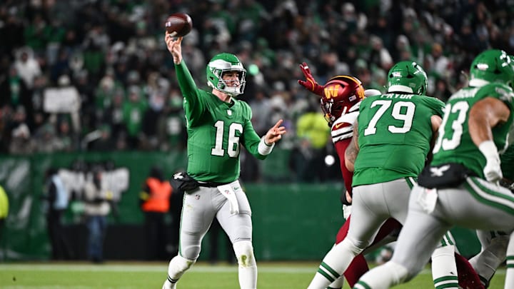 Jan 4, 2026; Philadelphia, Pennsylvania, USA; Philadelphia Eagles quarterback Tanner McKee (16) throws a pass during the second quarter against the Washington Commanders at Lincoln Financial Field. Jan 4, 2026; Philadelphia, Pennsylvania, USA; Philadelphia Eagles quarterback Tanner McKee (16) throws a pass during the second quarter against the Washington Commanders at Lincoln Financial Field.