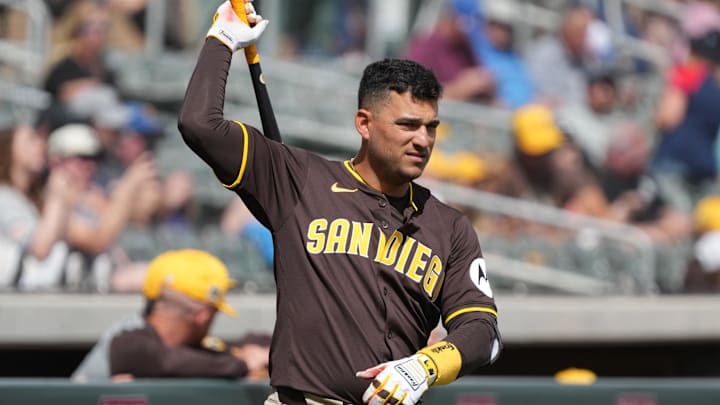 Mar 12, 2025; Salt River Pima-Maricopa, Arizona, USA; San Diego Padres second baseman Jose Iglesias gets ready for a game against the Colorado Rockies at Salt River Fields at Talking Stick. Mandatory Credit: Rick Scuteri-Imagn Images Mar 12, 2025; Salt River Pima-Maricopa, Arizona, USA; San Diego Padres second baseman Jose Iglesias gets ready for a game against the Colorado Rockies at Salt River Fields at Talking Stick. Mandatory Credit: Rick Scuteri-Imagn Images