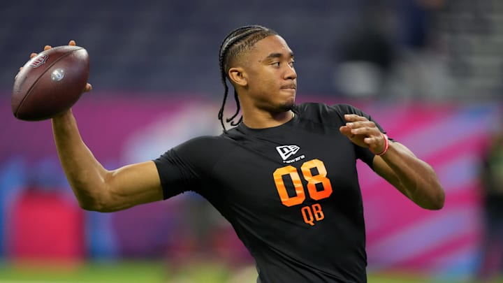 Feb 28, 2026; Indianapolis, IN, USA; Arkansas quarterback Taylen Green (QB08) during the NFL Scouting Combine at Lucas Oil Stadium. Mandatory Credit: Kirby Lee-Imagn Images Feb 28, 2026; Indianapolis, IN, USA; Arkansas quarterback Taylen Green (QB08) during the NFL Scouting Combine at Lucas Oil Stadium. Mandatory Credit: Kirby Lee-Imagn Images