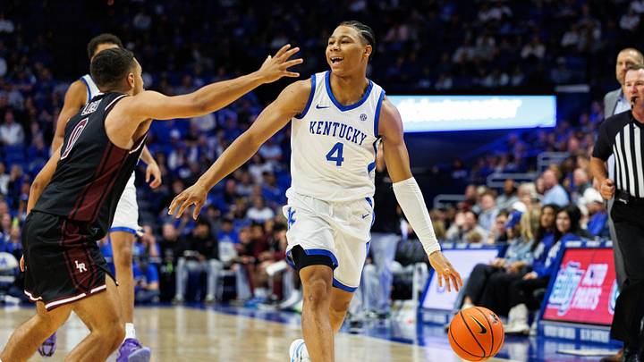 Oct 16, 2026; Lexington, KY, USA;  Kentucky Wildcats guard Mason Williams (4) handles the ball during the second half against the Little Rock Trojans at Rupp Arena Central Bank Center.  Mandatory Credit: Jordan Prather-Imagn Images
