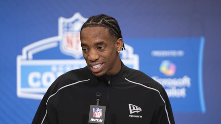 Texas Longhorns defensive back Malik Muhammad (DB23) speaks to members of the media during the NFL Combine at the Indiana Convention Center.