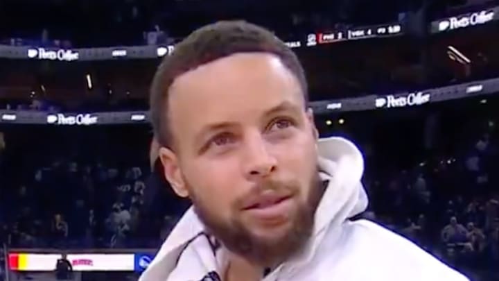 Golden State Warriors guard Stephen Curry reacts to a question during a postgame interview following a game vs. the Philadelphia 76ers on January 3, 2025. 