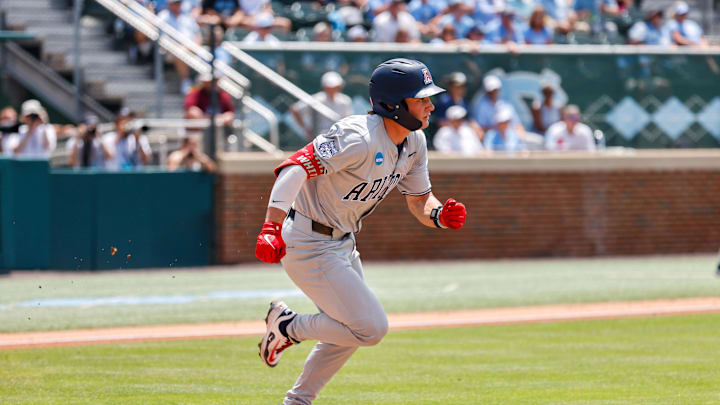 Jun 8, 2025; Chapel Hill, NC, USA;  Arizona infielder Mason White (24) runs the bases during the first inning of the Super Regionals game against North Carolina in Chapel Hill, North Carolina. Mandatory Credit: Jaylynn Nash-Imagn Images