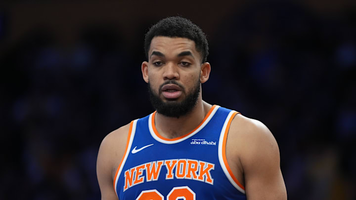 Mar 8, 2026; Los Angeles, California, USA; New York Knicks center Karl-Anthony Towns (32) reacts against the Los Angeles Lakers in the second half at Crypto.com Arena. Mandatory Credit: Kirby Lee-Imagn Images Mar 8, 2026; Los Angeles, California, USA; New York Knicks center Karl-Anthony Towns (32) reacts against the Los Angeles Lakers in the second half at Crypto.com Arena. Mandatory Credit: Kirby Lee-Imagn Images