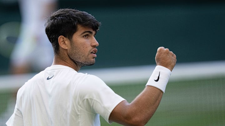 Carlos Alcaraz defeated Andrey Rublev in the fourth round of Wimbledon 2025. Carlos Alcaraz defeated Andrey Rublev in the fourth round of Wimbledon 2025.