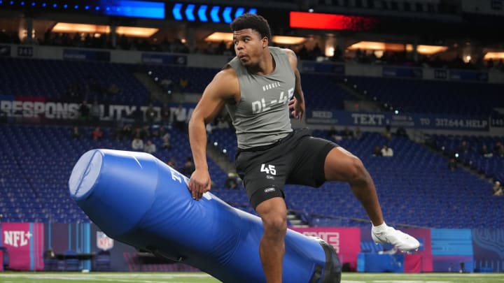 Penn State defensive lineman Chop Robinson runs a drill during the 2024 NFL Scouting Combine in Indianapolis. 