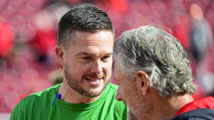 Oct 28, 2023; Salt Lake City, Utah, USA; Utah Utes head coach Kyle Whittingham speaks with Oregon Ducks head coach Dan Lanning before a game at Rice-Eccles Stadium. Mandatory Credit: Christopher Creveling-Imagn Images Oct 28, 2023; Salt Lake City, Utah, USA; Utah Utes head coach Kyle Whittingham speaks with Oregon Ducks head coach Dan Lanning before a game at Rice-Eccles Stadium. Mandatory Credit: Christopher Creveling-Imagn Images