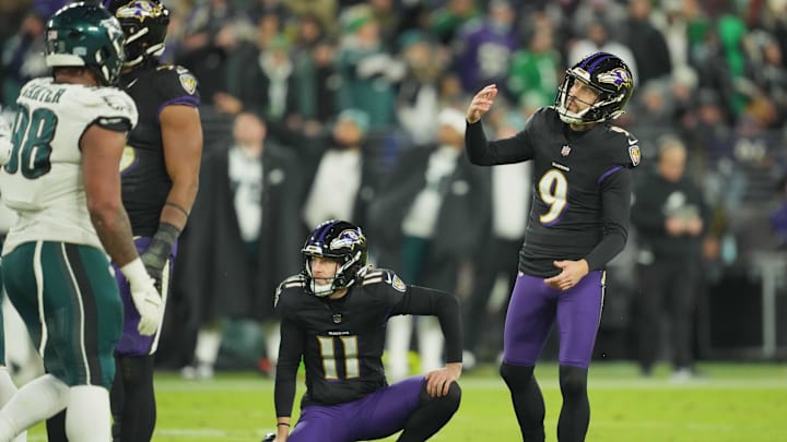 Baltimore Ravens kicker Justin Tucker (9) watches his failed third quarter field goal attempt against the Philadelphia Eagles at M&T Bank Stadium.
