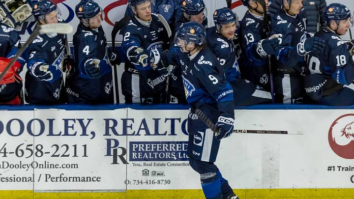 Aug 2, 2024; Plymouth, MI, USA; Finland's defenseman Emil Pieniniemi (9) celebrates a power play goal against Canada with teammates on the bench during the second period of the 2024 World Junior Summer Showcase at USA Hockey Arena. Mandatory Credit: David Reginek-Imagn Images Aug 2, 2024; Plymouth, MI, USA; Finland's defenseman Emil Pieniniemi (9) celebrates a power play goal against Canada with teammates on the bench during the second period of the 2024 World Junior Summer Showcase at USA Hockey Arena. Mandatory Credit: David Reginek-Imagn Images
