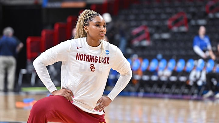 Mar 31, 2025; Spokane, WA, USA; USC Trojans forward Kiki Iriafen (44) warms up before a Elite 8 NCAA Tournament basketball game against the UConn Huskies at Spokane Arena. Mandatory Credit: James Snook-Imagn Images Mar 31, 2025; Spokane, WA, USA; USC Trojans forward Kiki Iriafen (44) warms up before a Elite 8 NCAA Tournament basketball game against the UConn Huskies at Spokane Arena. Mandatory Credit: James Snook-Imagn Images