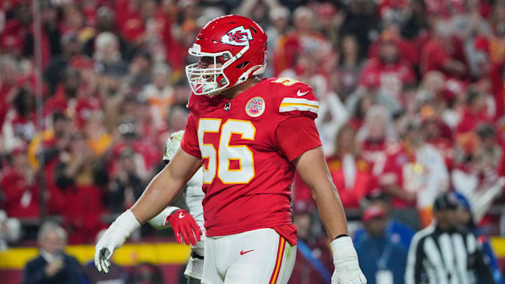 Nov 4, 2024; Kansas City, Missouri, USA; Kansas City Chiefs defensive end George Karlaftis (56) celebrates after making a sack against the Tampa Bay Buccaneers during the first half at GEHA Field at Arrowhead Stadium. Mandatory Credit: Denny Medley-Imagn Images