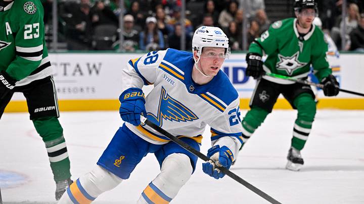 Jan 23, 2026; Dallas, Texas, USA; St. Louis Blues center Otto Stenberg (28) skates against the Dallas Stars during the third period at the American Airlines Center. Mandatory Credit: Jerome Miron-Imagn Images