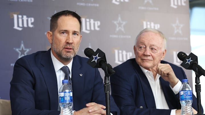 Jan 27, 2025; Frisco, TX, USA;   Dallas Cowboys Head Coach Brian Schottenheimer and owner Jerry Jones speak to the media at a press conference at the Star.  Mandatory Credit: Tim Heitman-Imagn Images