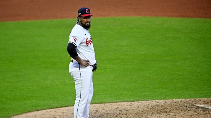 Oct 7, 2024; Cleveland, Ohio, USA; Cleveland Guardians pitcher Emmanuel Clase (48) reacts after giving up a three run home run during the ninth inning against the Detroit Tigers during game two of the ALDS for the 2024 MLB Playoffs at Progressive Field. Mandatory Credit: David Richard-Imagn Images