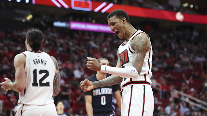 Mar 10, 2025; Houston, Texas, USA; Houston Rockets forward Jabari Smith Jr. (10) reacts after being fouled during the second quarter against the Orlando Magic at Toyota Center. Mandatory Credit: Troy Taormina-Imagn Images