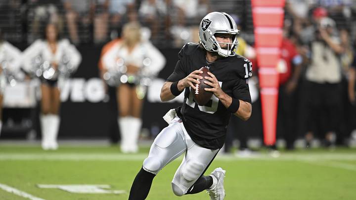 Aug 17, 2024; Paradise, Nevada, USA; Las Vegas Raiders quarterback Gardner Minshew (15) looks to make a pass Dallas Cowboys in the first quarter at Allegiant Stadium. Mandatory Credit: Candice Ward-USA TODAY Sports