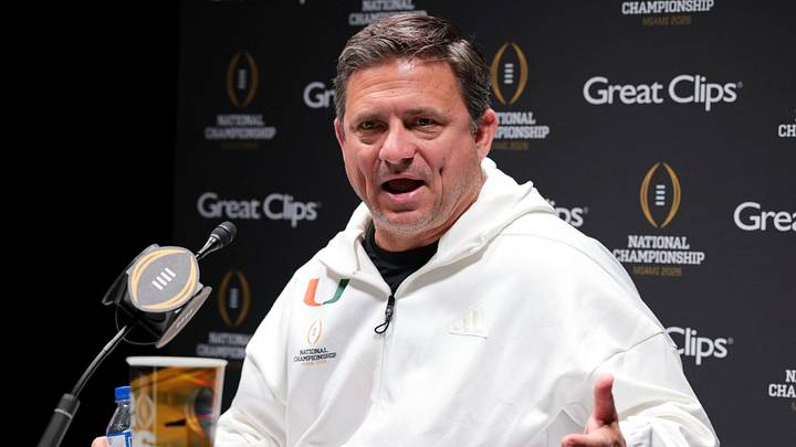 Jan 17, 2026; Miami Gardens, FL, USA; Miami Hurricanes offensive coordinator Shannon Dawson talks to the media during media day for the 2025 College Football Playoff National Championship at Miami Beach Convention Center. Mandatory Credit: Sam Navarro-Imagn Images Jan 17, 2026; Miami Gardens, FL, USA; Miami Hurricanes offensive coordinator Shannon Dawson talks to the media during media day for the 2025 College Football Playoff National Championship at Miami Beach Convention Center. Mandatory Credit: Sam Navarro-Imagn Images