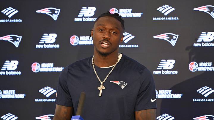 Jun 2, 2026; Foxborough, MA, USA; New England Patriots wide receiver A.J. Brown (1) speaks at a press conference after  practice at the team's OTA at Gillette Stadium. Mandatory Credit: Eric Canha-Imagn Images