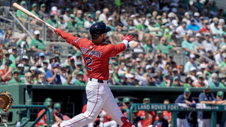 Mar 17, 2025; Fort Myers, Florida, USA; Boston Red Sox Alex Bregman (2) connects with the ball in the first inning against the Baltimore Orioles at JetBlue Park at Fenway South. Mar 17, 2025; Fort Myers, Florida, USA; Boston Red Sox Alex Bregman (2) connects with the ball in the first inning against the Baltimore Orioles at JetBlue Park at Fenway South.