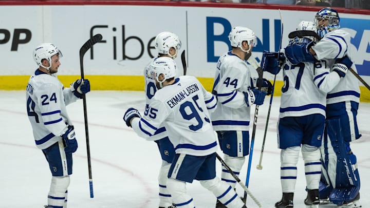 May 1, 2025; Ottawa, Ontario, CAN;The  Toronto Maple Leafs celebrate their win against Ottawa Senators in game six of the first round of the 2025 Stanley Cup Playoffs at Canadian Tire Centre. Mandatory Credit: Marc DesRosiers-Imagn Images