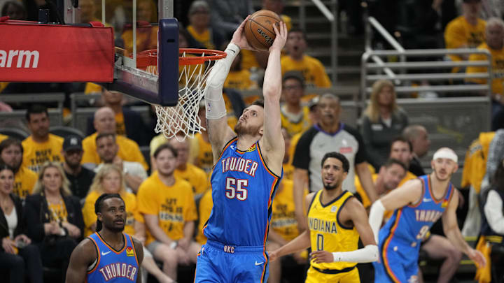 Jun 11, 2025; Indianapolis, Indiana, USA; Oklahoma City Thunder center Isaiah Hartenstein (55) dunks against the Indiana Pacers during the first half during game three of the 2025 NBA Finals at Gainbridge Fieldhouse. Mandatory Credit: Kyle Terada-Imagn Images Jun 11, 2025; Indianapolis, Indiana, USA; Oklahoma City Thunder center Isaiah Hartenstein (55) dunks against the Indiana Pacers during the first half during game three of the 2025 NBA Finals at Gainbridge Fieldhouse. Mandatory Credit: Kyle Terada-Imagn Images