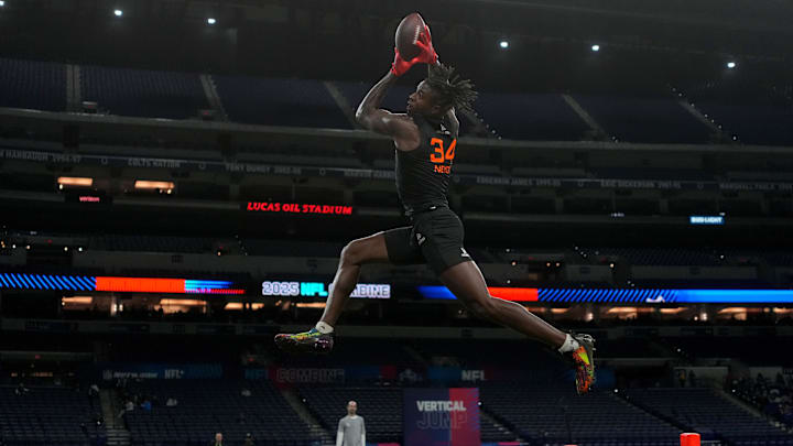Nebraska wideout Isaiah Neyor (WO34) during the 2025 NFL Combine at Lucas Oil Stadium. Nebraska wideout Isaiah Neyor (WO34) during the 2025 NFL Combine at Lucas Oil Stadium.