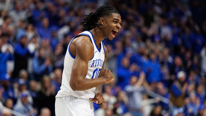 Jan 4, 2025; Lexington, Kentucky, USA; Kentucky Wildcats guard Otega Oweh (0) celebrates during the first half against the Florida Gators at Rupp Arena at Central Bank Center. Mandatory Credit: Jordan Prather-Imagn Images