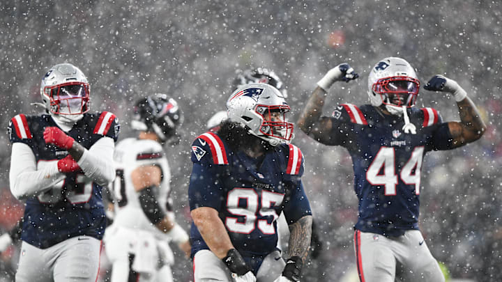 Jan 18, 2026; Foxborough, MA, USA; New England Patriots defensive lineman Khyiris Tonga (95) reacts after a sack in the fourth quarter against the Houston Texans in an AFC Divisional Round game at Gillette Stadium. Mandatory Credit: Brian Fluharty-Imagn Images