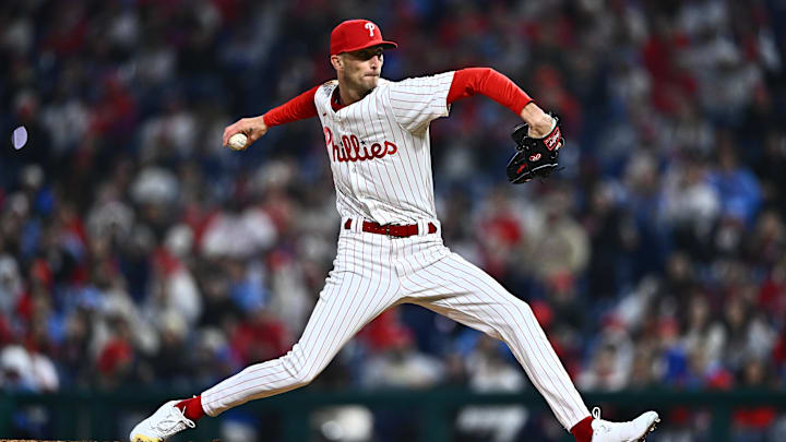 Apr 1, 2024; Philadelphia, Pennsylvania, USA; Philadelphia Phillies relief pitcher Connor Brogdon (75) throws a pitch against the Cincinnati Reds in the tenth inning at Citizens Bank Park. Mandatory Credit: Kyle Ross-Imagn Images