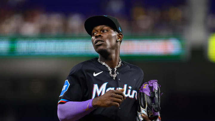 Miami Marlins center fielder Jazz Chisholm Jr. (2) looks on against the Chicago White Sox during the first inning at loanDepot Park on July 5. Miami Marlins center fielder Jazz Chisholm Jr. (2) looks on against the Chicago White Sox during the first inning at loanDepot Park on July 5.