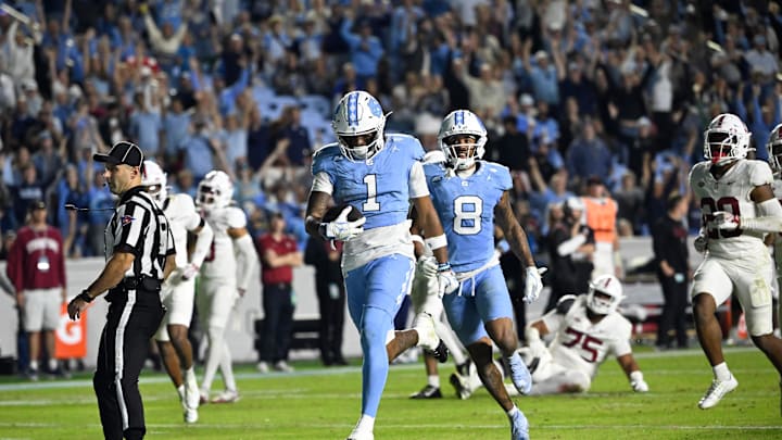 Nov 8, 2025; Chapel Hill, North Carolina, USA; North Carolina Tar Heels wide receiver Jordan Shipp (1) scores a touchdown in the fourth quarter at Kenan Stadium. Nov 8, 2025; Chapel Hill, North Carolina, USA; North Carolina Tar Heels wide receiver Jordan Shipp (1) scores a touchdown in the fourth quarter at Kenan Stadium.