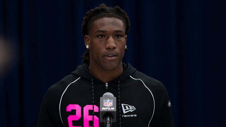 Feb 26, 2026; Indianapolis, IN, USA; Missouri defensive back Toriano Pride (DB26) speaks to members of the media during the NFL Combine at the Indiana Convention Center. 