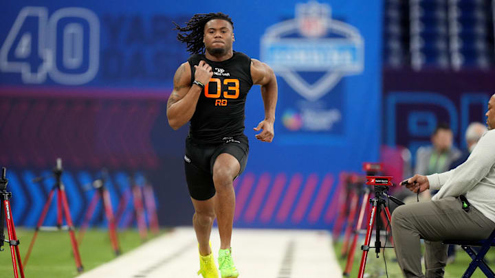Mar 1, 2025; Indianapolis, IN, USA; Texas running back Jaydon Blue (RB03) during the 2025 NFL Combine at Lucas Oil Stadium. Mandatory Credit: Kirby Lee-Imagn Images
