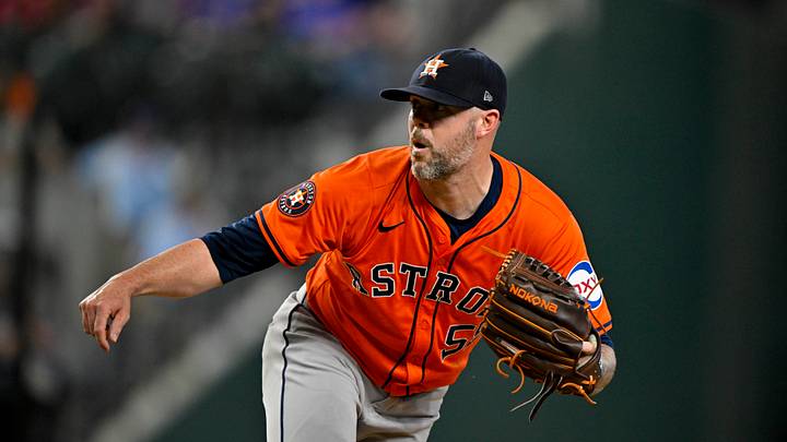 Aug 7, 2024; Arlington, Texas, USA; Houston Astros relief pitcher Ryan Pressly (55) in action during the game between the Texas Rangers and the Houston Astros at Globe Life Field. Mandatory Credit: Jerome Miron-USA TODAY Sports