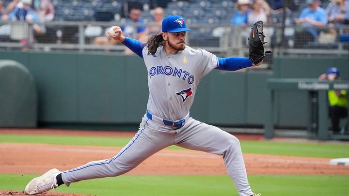 Sep 6, 2026; Kansas City, Missouri, USA; Toronto Blue Jays starting pitcher Spencer Arrighetti (45) delivers a pitch against the Kansas City Royals during the first inning at Kauffman Stadium. Mandatory Credit: Denny Medley-Imagn Images