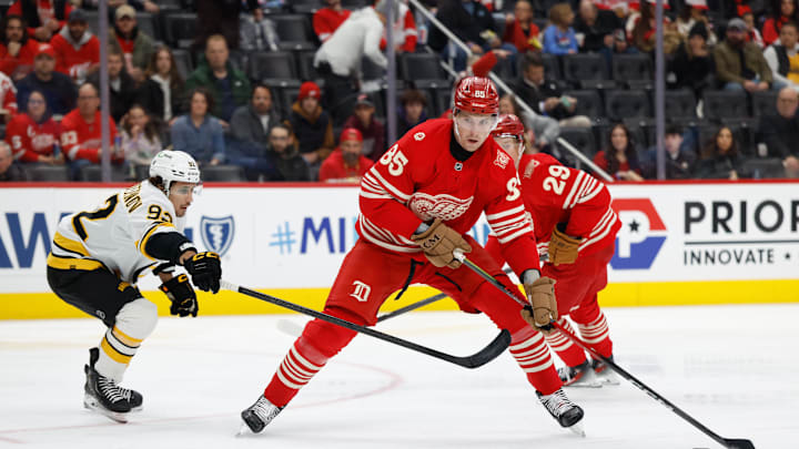 Dec 2, 2025; Detroit, Michigan, USA;  Detroit Red Wings left wing Elmer Soderblom (85) skates with the puck in the second period against the Boston Bruins at Little Caesars Arena. Mandatory Credit: Rick Osentoski-Imagn Images