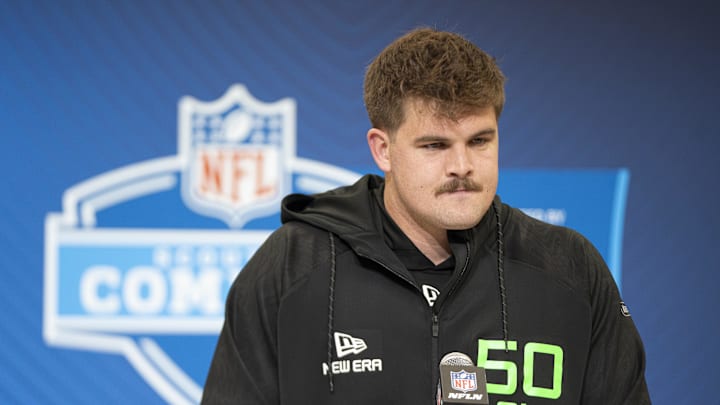 North Dakota State University offensive lineman Grey Zabel answers questions at a press conference during the NFL Combine