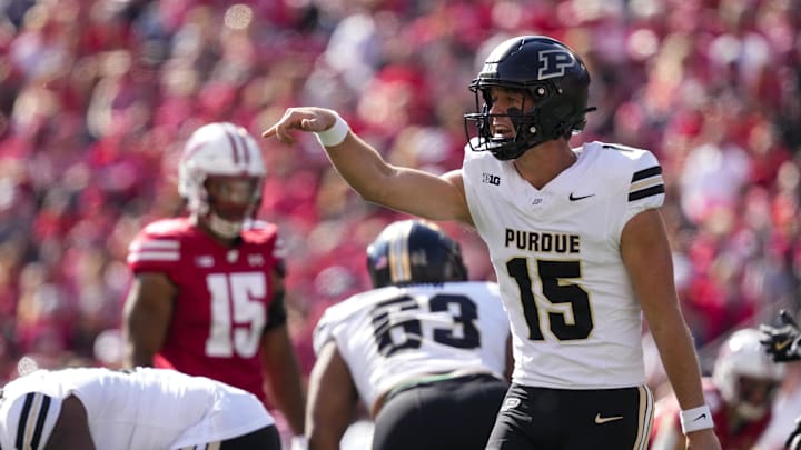 Oct 5, 2024; Madison, Wisconsin, USA;  Purdue Boilermakers quarterback Ryan Browne (15) during the game against the Wisconsin Badgers at Camp Randall Stadium. Mandatory Credit: Jeff Hanisch-Imagn Images
