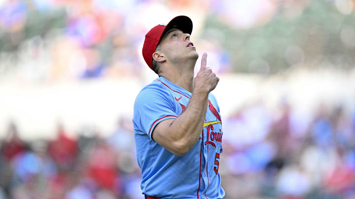 May 31, 2025; Arlington, Texas, USA; St. Louis Cardinals relief pitcher Ryan Helsley (56) points to the sky after pitching against the Texas Rangers during the ninth inning at Globe Life Field. Mandatory Credit: Jerome Miron-Imagn Images May 31, 2025; Arlington, Texas, USA; St. Louis Cardinals relief pitcher Ryan Helsley (56) points to the sky after pitching against the Texas Rangers during the ninth inning at Globe Life Field. Mandatory Credit: Jerome Miron-Imagn Images