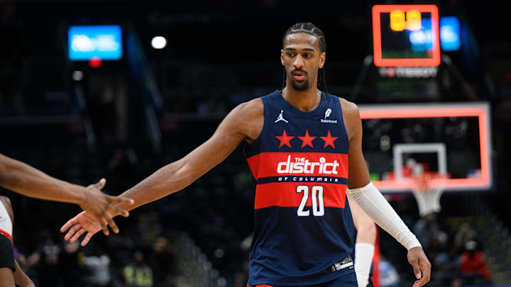Mar 24, 2025; Washington, District of Columbia, USA; Washington Wizards forward Alex Sarr (20) reacts during the fourth quarter against the Toronto Raptors at Capital One Arena. Mandatory Credit: Reggie Hildred-Imagn Images