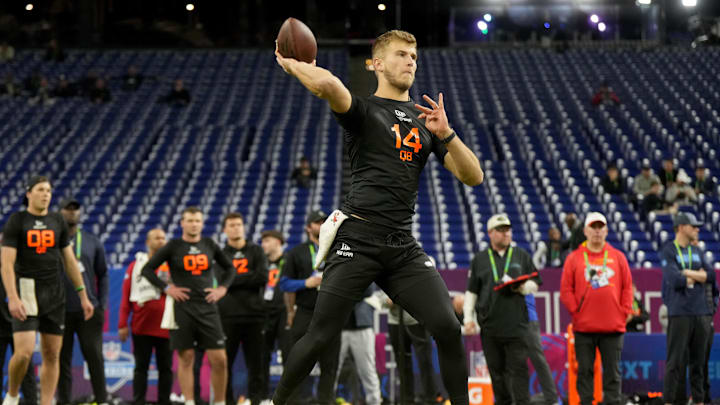 Mar 1, 2025; Indianapolis, IN, USA; Louisville quarterback Tyler Shough (QB14) during the 2025 NFL Combine at Lucas Oil Stadium. Mandatory Credit: Kirby Lee-Imagn Images