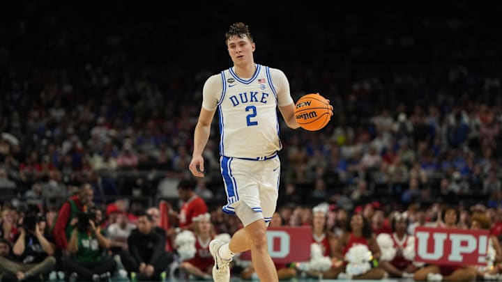 Apr 5, 2025; San Antonio, TX, USA; Duke Blue Devils forward Cooper Flagg (2) dribbles the ball against the Houston Cougars during the second half in the semifinals of the men's Final Four of the 2025 NCAA Tournament at the Alamodome. Mandatory Credit: Bob Donnan-Imagn Images