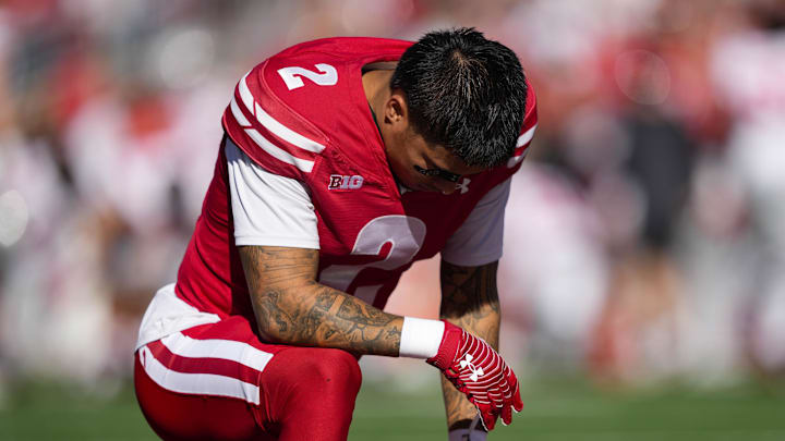 Oct 18, 2025; Madison, Wisconsin, USA; Wisconsin Badgers wide receiver Trech Kekahuna (2) prior to the game against the Ohio State Buckeyes at Camp Randall Stadium. Mandatory Credit: Jeff Hanisch-Imagn Images Oct 18, 2025; Madison, Wisconsin, USA; Wisconsin Badgers wide receiver Trech Kekahuna (2) prior to the game against the Ohio State Buckeyes at Camp Randall Stadium. Mandatory Credit: Jeff Hanisch-Imagn Images